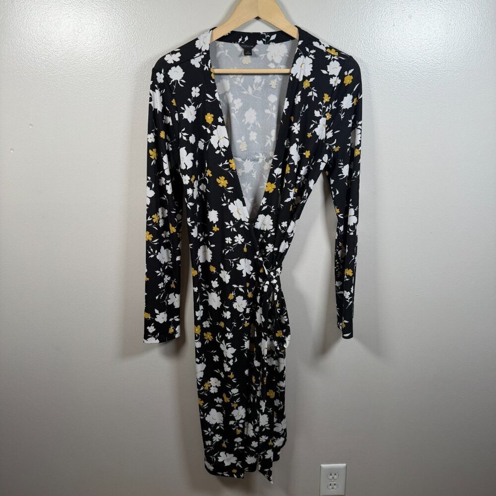 Ann Taylor Floral Matte Jersey Wrap Dress Size 10 Black Yellow Work Office